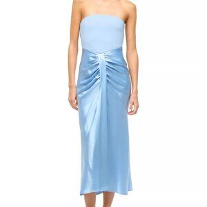 STAUD Strapless Ruched Satin Midi Dress in Light Blue